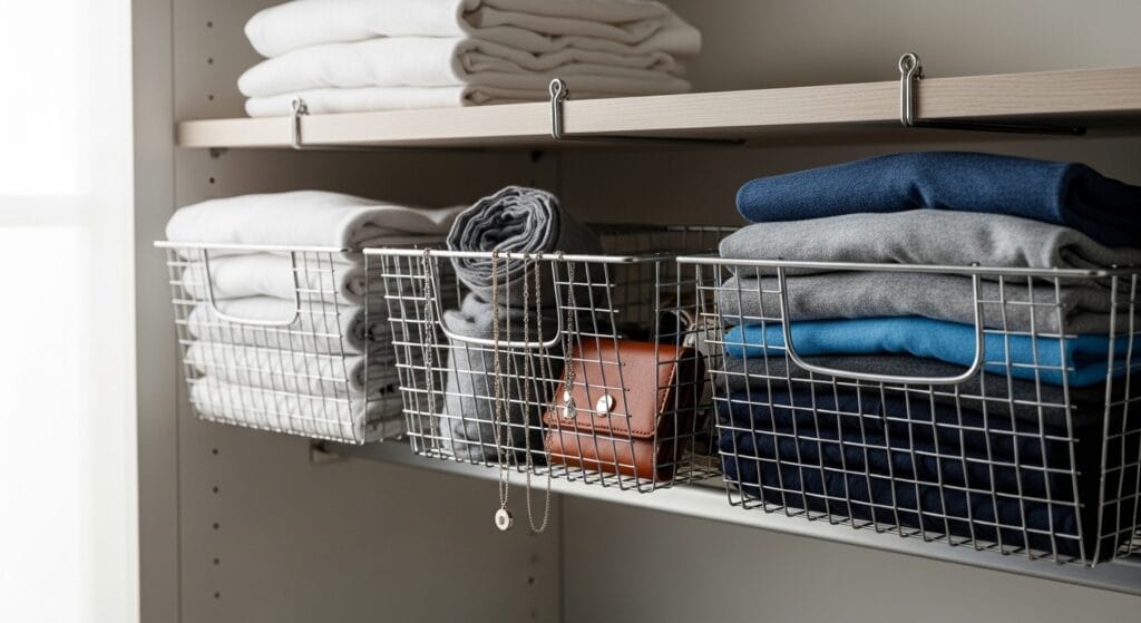 The Ultimate Closet Organization Guide (Every Type, Every Size) 17 Wire baskets attached under closet shelves holding folded t-shirts and small accessories below.