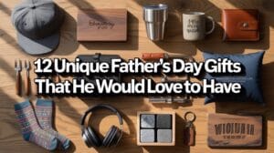 Twelve curated Father's Day gift items arranged together on a natural wood surface