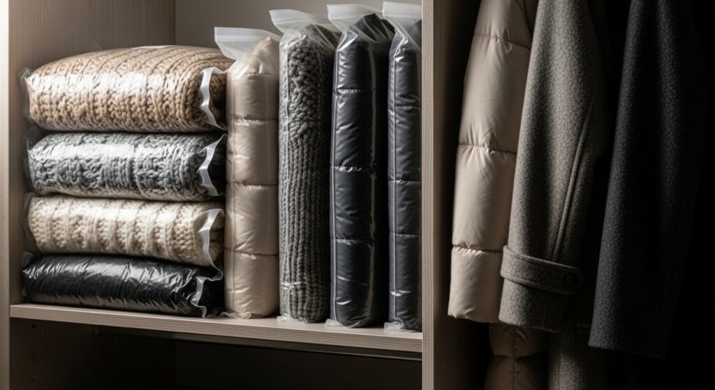 The Ultimate Closet Organization Guide (Every Type, Every Size) 14 Vacuum compression bags on a closet shelf compressing bulky winter coats and thick sweaters flat.
