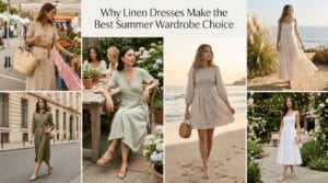 Women wearing linen dresses styled across summer settings with breathable natural elegance.