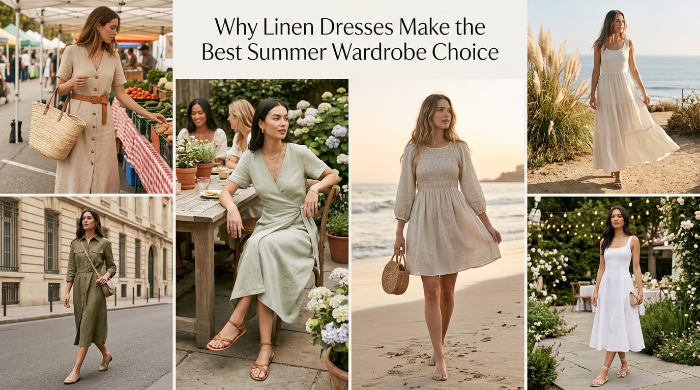 Women wearing linen dresses styled across summer settings with breathable natural elegance.