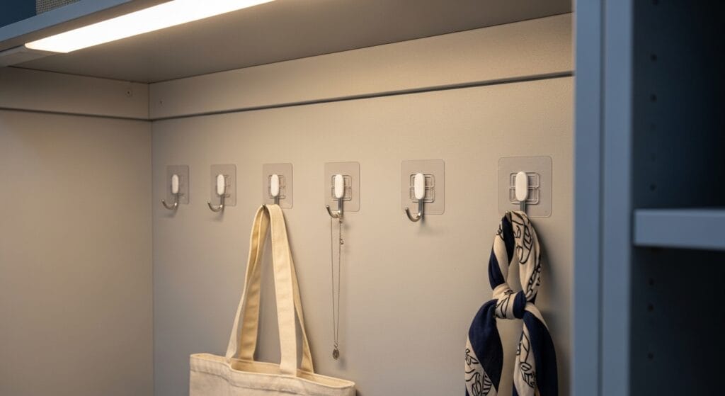 The Ultimate Closet Organization Guide (Every Type, Every Size) 15 Row of adhesive hooks on a closet wall holding a robe, canvas bag, and hat.