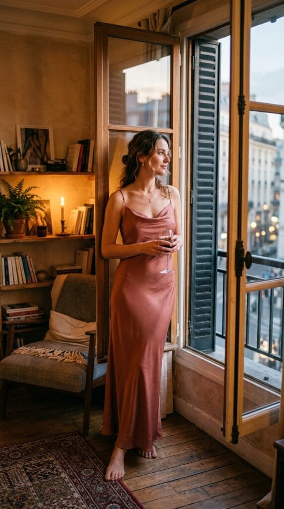 Bohemian Summer Outfits for Women That Feel Free and Considered 6 Woman in bias-cut satin crepe slip dress near open shuttered window at evening