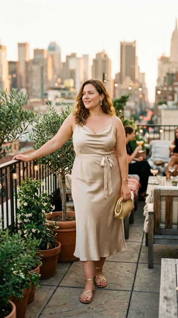 Plus Size Brunch Outfits: Cute Looks for Sunday Mornings Done Right 7 Plus size woman in a bias-cut satin-finish cowl-neck slip midi on a warm rooftop terrace