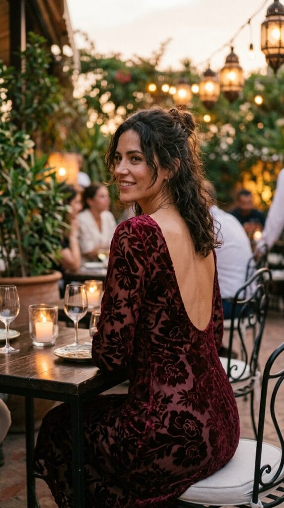 Bohemian Summer Outfits for Women That Feel Free and Considered 9 Woman in burnout velvet devore midi with scoop back in candlelit summer evening setting