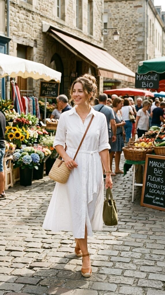 15 Cute Casual Summer Outfits That Make Getting Dressed Easy 3 Woman in button-through cotton poplin midi dress walking at a weekend market