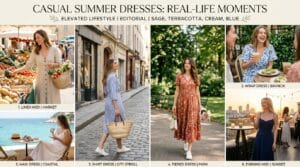 Women in casual summer dresses styled across everyday moments—farmers market, brunch, city walk, coastal café, and rooftop sunset—with soft golden light, woven accessories, and a light Pinterest-style aesthetic.