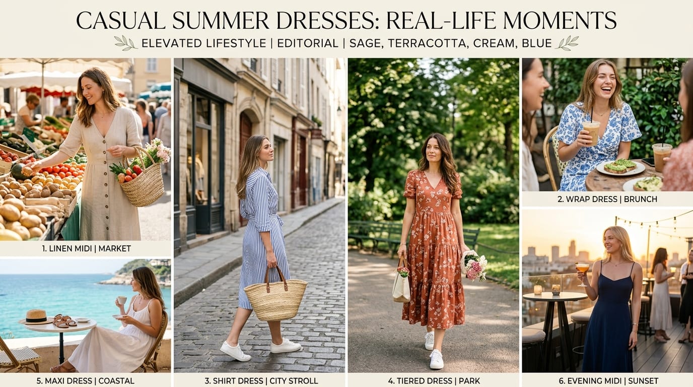 Women in casual summer dresses styled across everyday moments—farmers market, brunch, city walk, coastal café, and rooftop sunset—with soft golden light, woven accessories, and a light Pinterest-style aesthetic.
