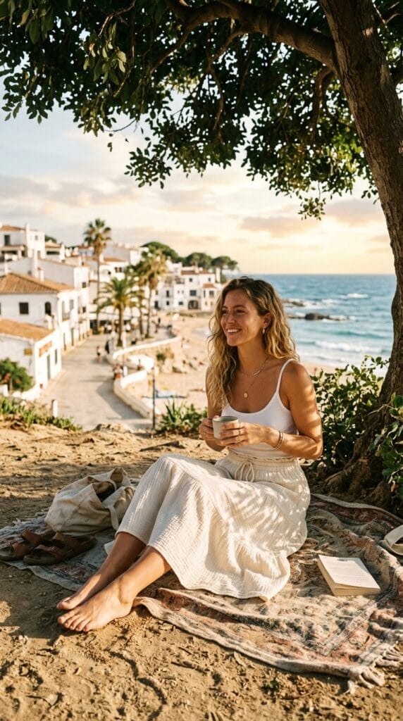 Bohemian Summer Outfits for Women That Feel Free and Considered 8 Woman in cheesecloth tiered drawstring midi skirt in beachside afternoon light