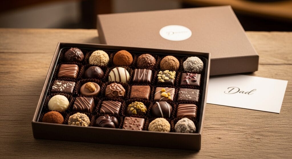 Open chocolate truffle gift box arranged neatly on a wooden tray in warm light