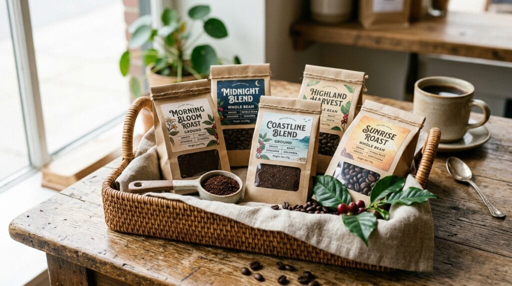 Father's Day Gift Baskets That Feel Incredibly Personal and Curated 5 Coffee sampler gift basket with multiple roast bags arranged in a linen-lined basket.