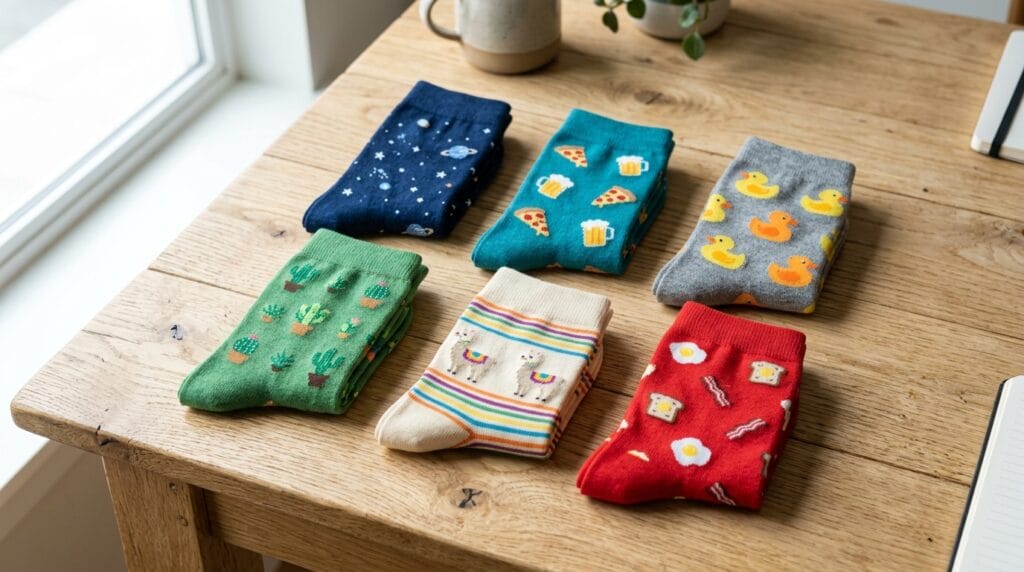 Set of colorful patterned novelty crew socks folded on a light natural wood surface