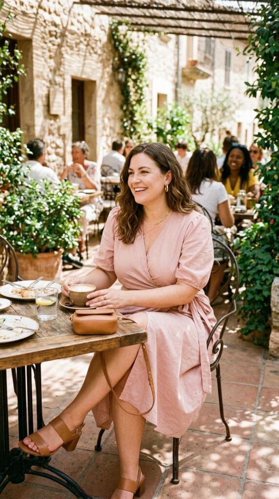 Plus Size Brunch Outfits: Cute Looks for Sunday Mornings Done Right 2 Plus size woman in a cotton poplin wrap midi dress at a sunny brunch terrace