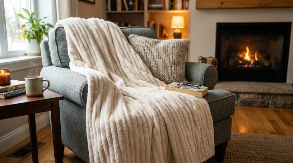 Cheap Father's Day Gifts Ideas Under $30 3 Neatly folded grey ribbed blanket resting comfortably over a cozy living room armchair.