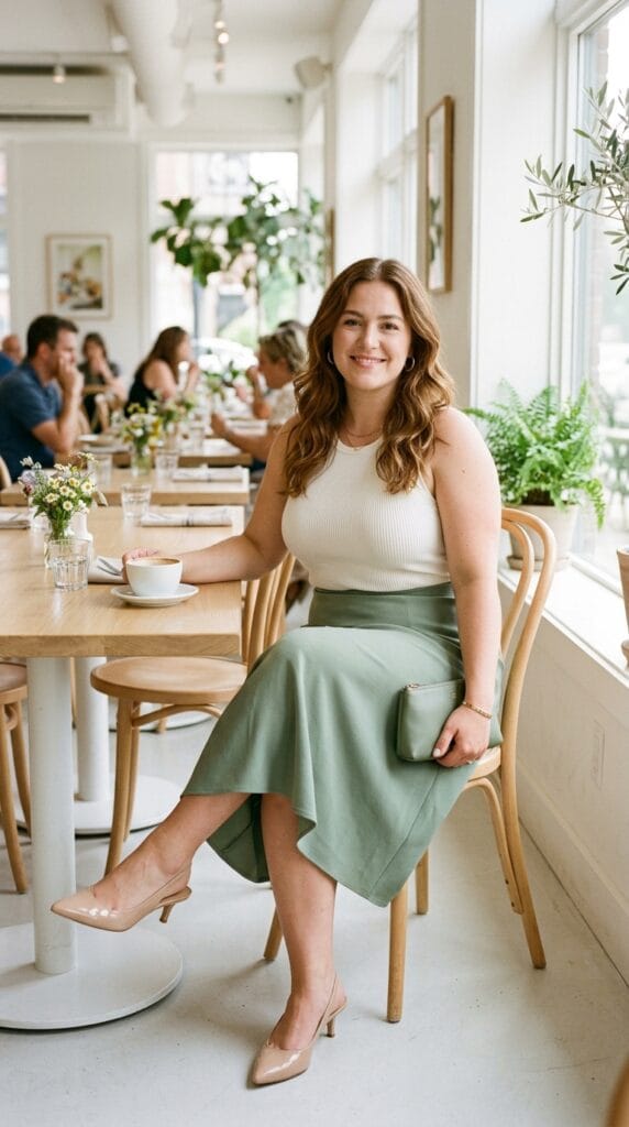 Plus Size Brunch Outfits: Cute Looks for Sunday Mornings Done Right 3 Plus size woman in crepe A-line skirt and shell top at a bright brunch restaurant