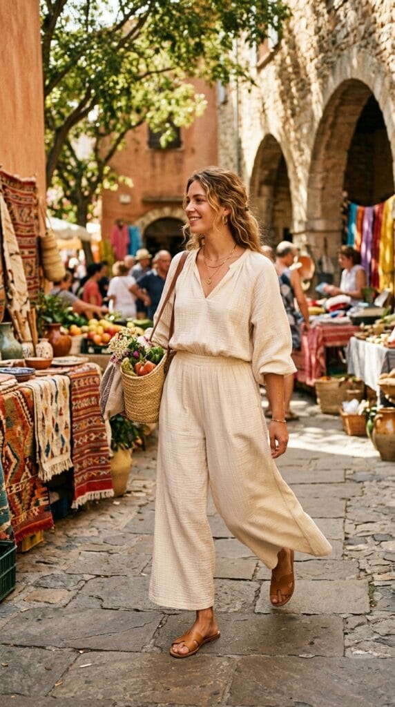 Bohemian Summer Outfits for Women That Feel Free and Considered 2 Woman in crinkle gauze blouson wide-leg jumpsuit at sunlit outdoor market