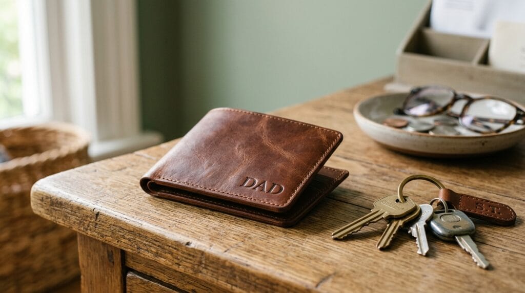 Cheap Father's Day Gifts Ideas Under $30 5 Slim brown leather wallet resting on an entryway table next to metal keys.