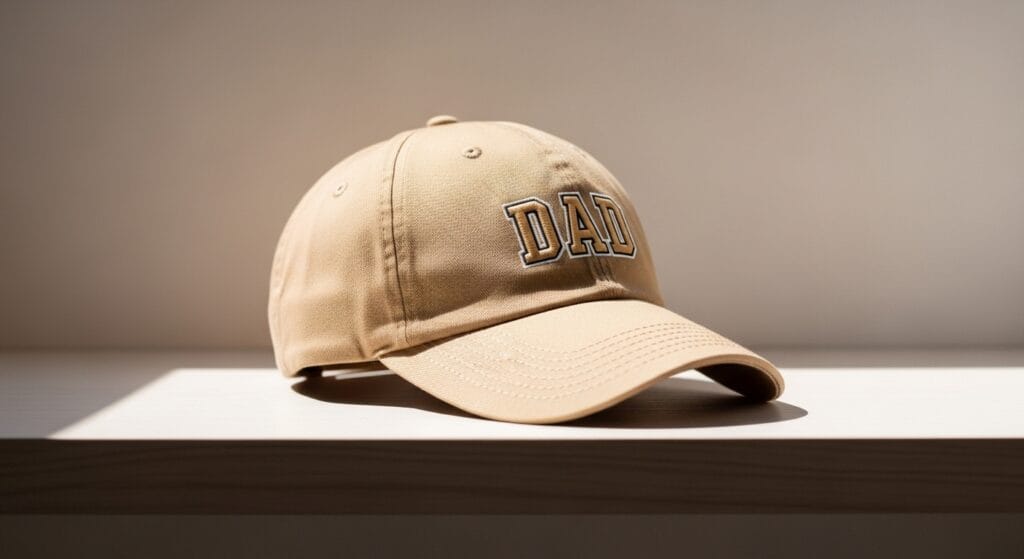 Tan dad embroidered baseball cap resting on a wooden shelf in soft natural daylight