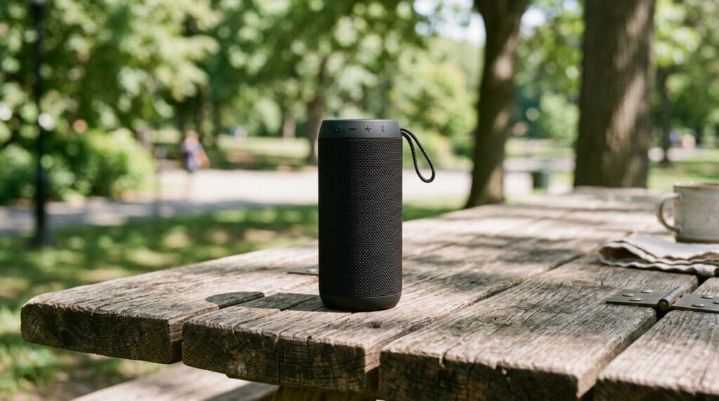 Cheap Father's Day Gifts Ideas Under $30 2 Black cylindrical wireless speaker sitting outdoors on a sunlit wooden picnic table.