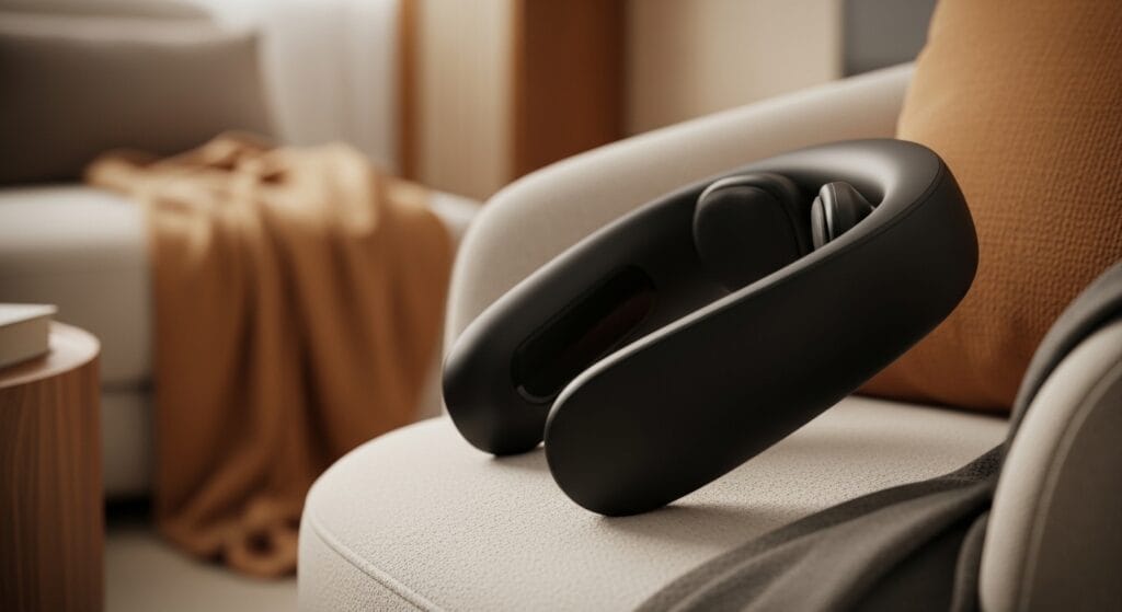 Black electric neck massager resting on a chair in a softly lit living room