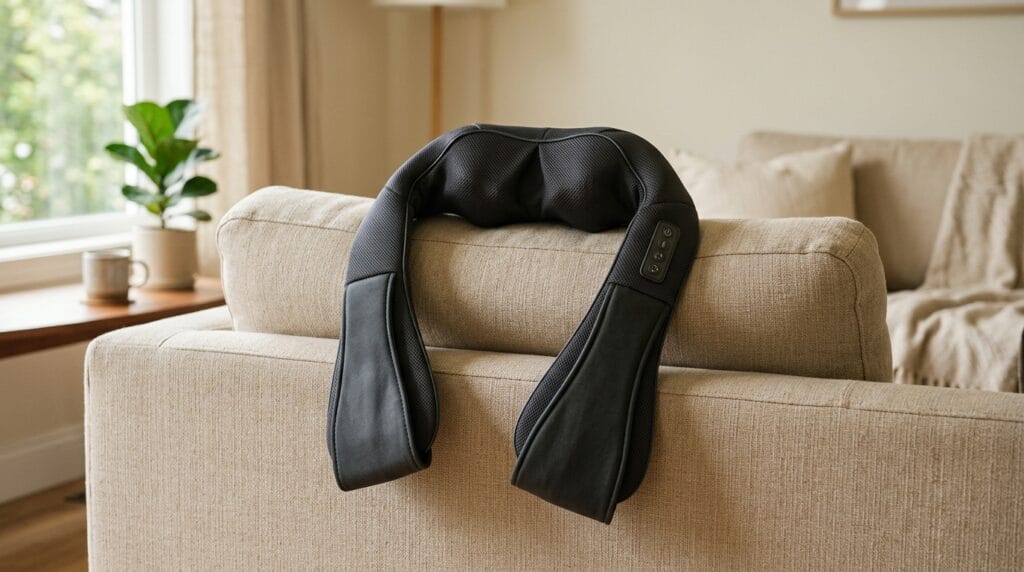 Cheap Father's Day Gifts Ideas Under $30 9 Dark ergonomic neck massager draped carefully over the back of a beige sofa.