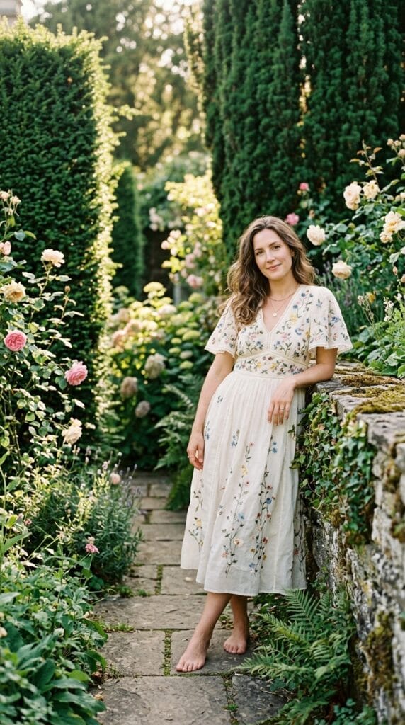 Bohemian Summer Outfits for Women That Feel Free and Considered 3 Woman in embroidered cotton voile midi dress with flutter sleeves in garden setting
