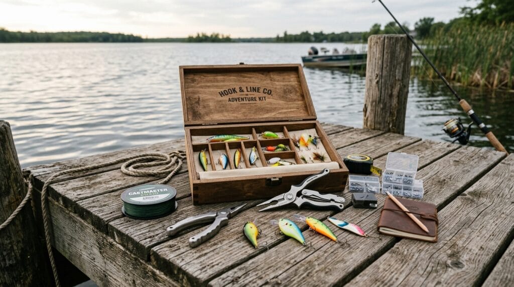 Father's Day Gift Baskets That Feel Incredibly Personal and Curated 9 Fishing gift kit with lures and tackle tools on a weathered wood dock.