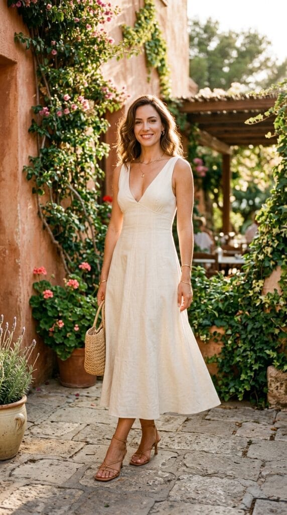 Woman in fitted-flared linen blend midi dress with deep V-neck at a warm outdoor venue
