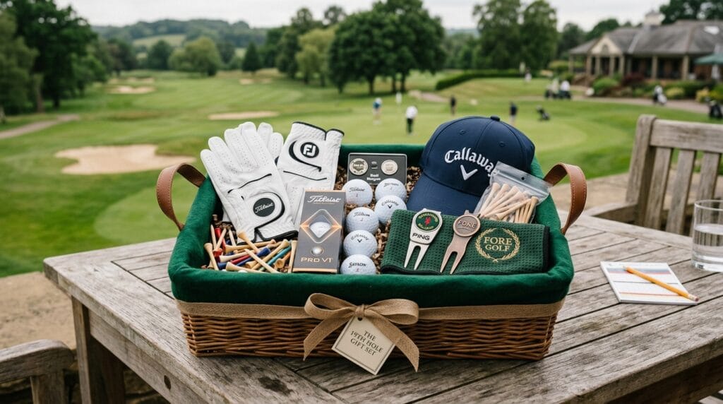 Father's Day Gift Baskets That Feel Incredibly Personal and Curated 12 Golf accessories basket with tees, gloves, and divot tools displayed in a fabric-lined box.