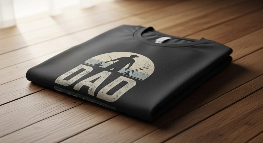 Neatly folded dark graphic crew-neck t-shirt laid flat on a wooden surface