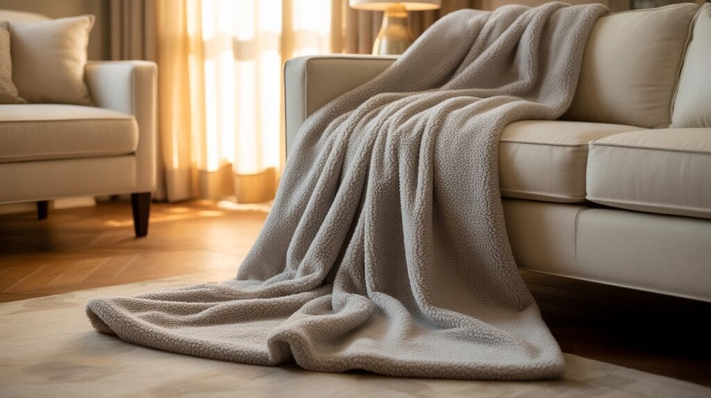 Folded gray sherpa throw blanket draped over a living room sofa armrest
