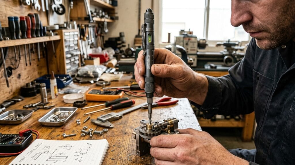 Cheap Father's Day Gifts Ideas Under $30 8 Sleek metal pen with multiple utility features resting carefully on blue architectural blueprints.
