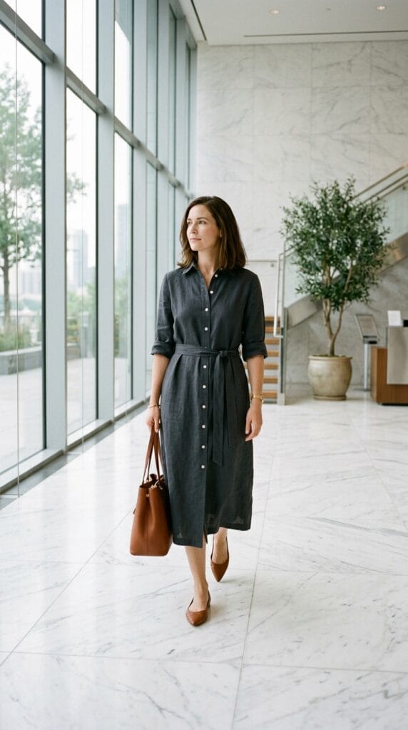 Woman in heavyweight linen shirt dress with contrast buttons in a minimal office lobby