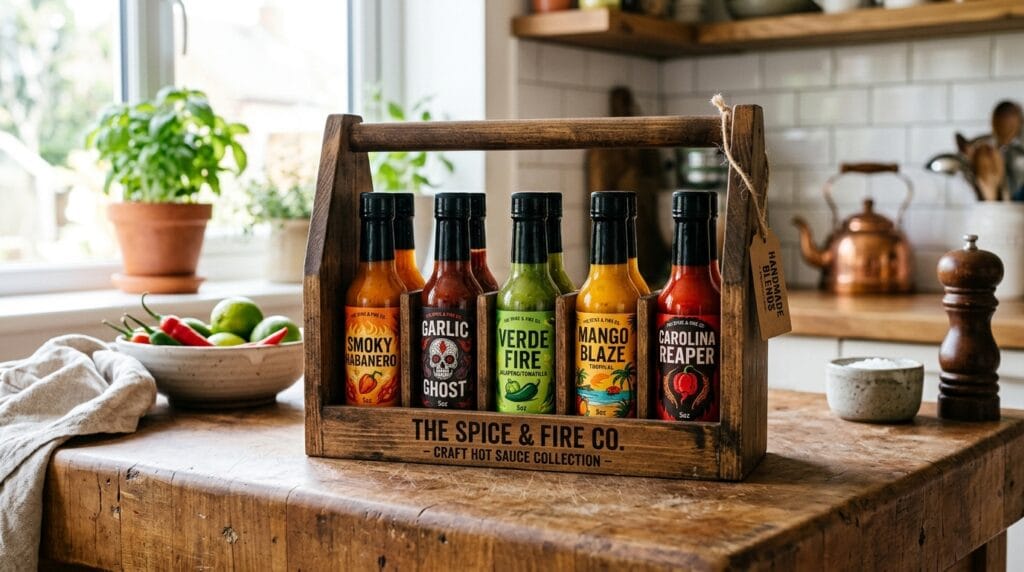 Father's Day Gift Baskets That Feel Incredibly Personal and Curated 8 Hot sauce gift set with multiple colorful bottles displayed in a wooden carrier box.