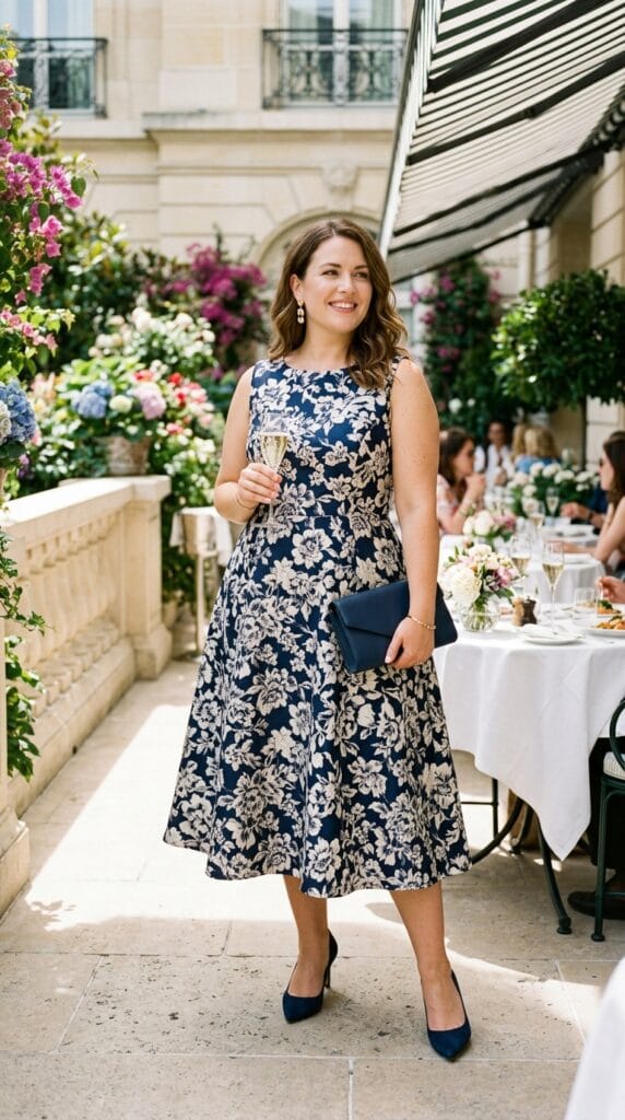 Plus Size Brunch Outfits: Cute Looks for Sunday Mornings Done Right 13 Plus size woman in a jacquard fit-and-flare midi dress on a bright hotel brunch terrace