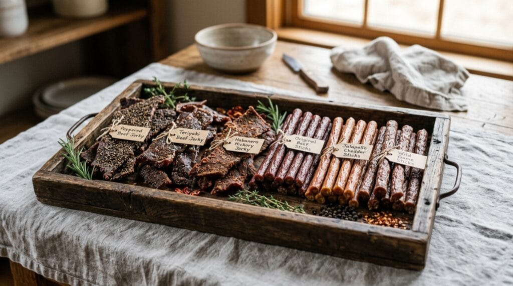 Father's Day Gift Baskets That Feel Incredibly Personal and Curated 7 Rustic wooden tray filled with assorted beef jerky and meat snack varieties.