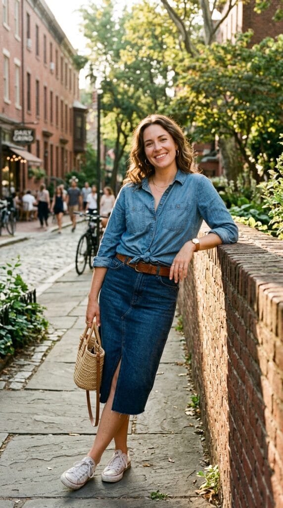 15 Cute Casual Summer Outfits That Make Getting Dressed Easy 6 Woman in knotted chambray shirt over denim midi skirt on a warm afternoon