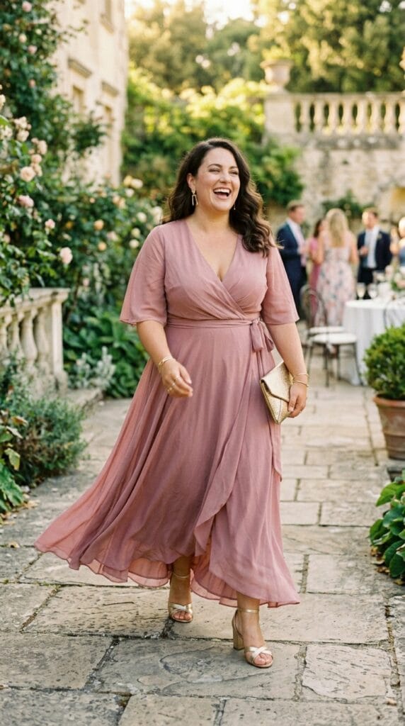 Plus Size Brunch Outfits: Cute Looks for Sunday Mornings Done Right 10 Plus size woman in a layered chiffon V-neck wrap maxi at a warm garden terrace