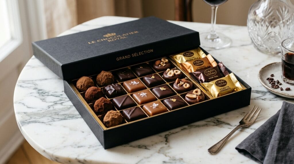 Father's Day Gift Baskets That Feel Incredibly Personal and Curated 10 Luxury chocolate assortment in a black keepsake box displayed on a white marble surface.