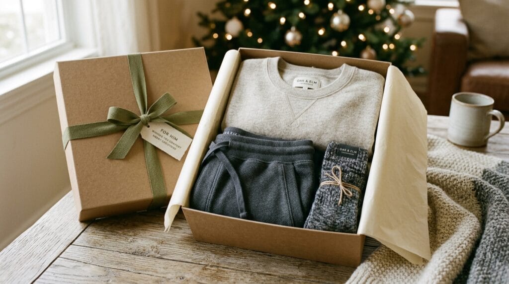 Father's Day Gift Baskets That Feel Incredibly Personal and Curated 13 Folded joggers and crewneck pullover set inside a ribbon-tied neutral gift box.