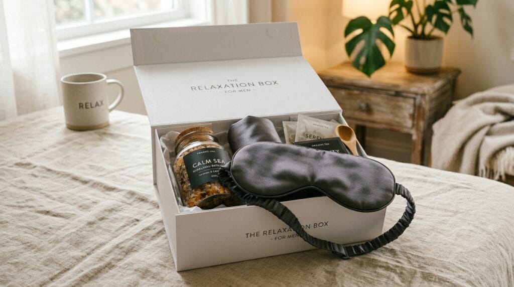 Father's Day Gift Baskets That Feel Incredibly Personal and Curated 6 Men's spa gift set with bath salts and sleep mask in white box.