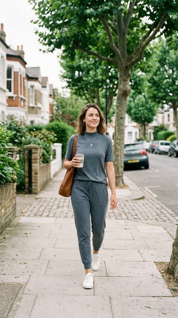 15 Cute Casual Summer Outfits That Make Getting Dressed Easy 14 Woman in modal mock-neck tee and tapered joggers on a quiet morning street