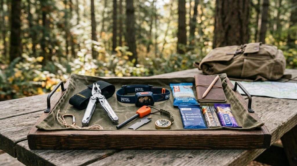 Father's Day Gift Baskets That Feel Incredibly Personal and Curated 11 Outdoor adventure gift kit with multi-tool and survival essentials on a canvas-lined tray.