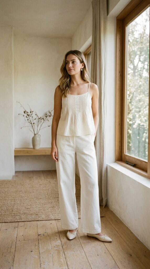 15 Cute Casual Summer Outfits That Make Getting Dressed Easy 8 Woman in pintucked cotton lawn cami and wide-leg trousers in bright interior light