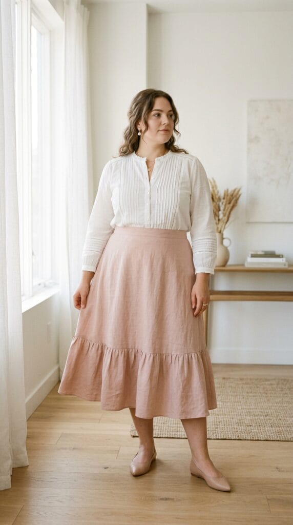 Plus Size Brunch Outfits: Cute Looks for Sunday Mornings Done Right 11 Plus size woman in pintucked lawn blouse and flared linen-blend midi in warm afternoon light