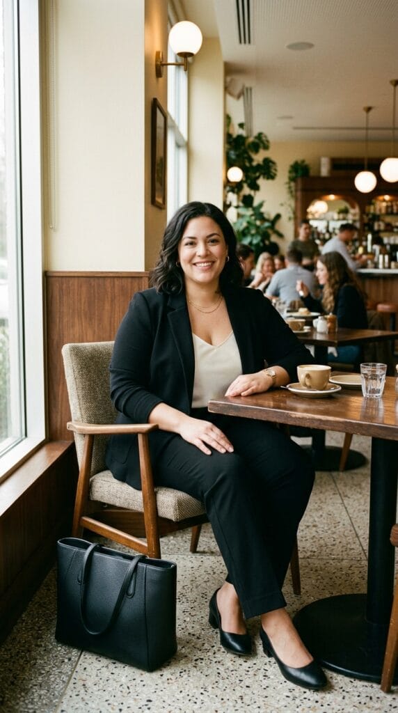 Plus Size Brunch Outfits: Cute Looks for Sunday Mornings Done Right 8 Plus size woman in a ponte knit blazer and straight-leg trousers at a polished café