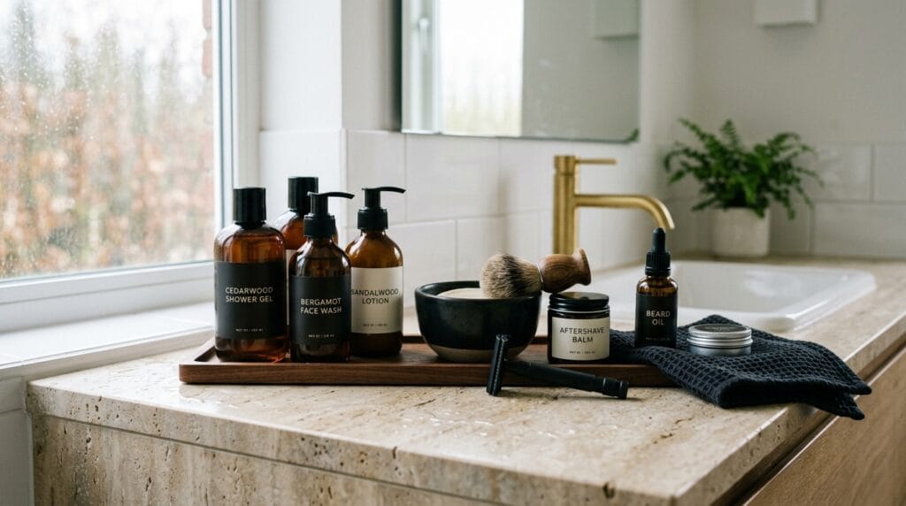 Cheap Father's Day Gifts Ideas Under $30 4 Assorted men's grooming bottles arranged carefully on a smooth stone bathroom vanity.