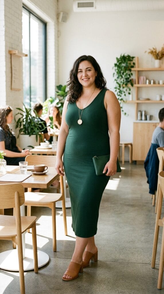 Plus Size Brunch Outfits: Cute Looks for Sunday Mornings Done Right 12 Plus size woman in ribbed modal column midi dress at a modern sunlit café interior