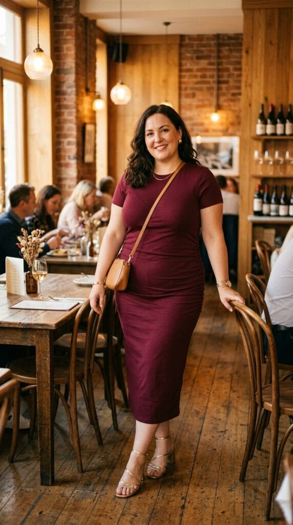 Plus Size Brunch Outfits: Cute Looks for Sunday Mornings Done Right 5 Plus size woman in a ruched jersey side-seam midi dress at a warm restaurant interior
