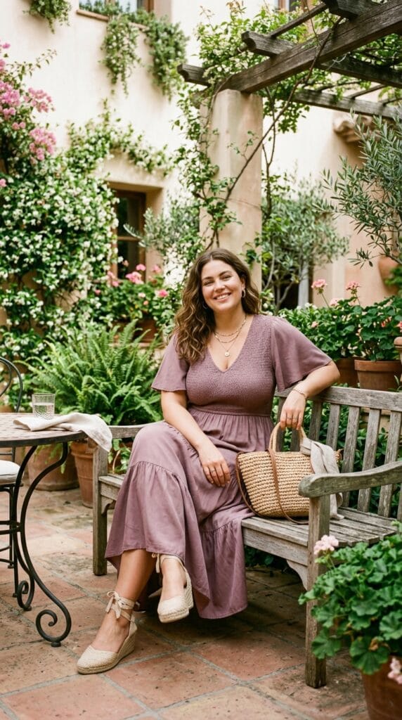 Plus Size Brunch Outfits: Cute Looks for Sunday Mornings Done Right 9 Plus size woman in a smocked Tencel flutter-sleeve midi at a bright sunlit garden courtyard